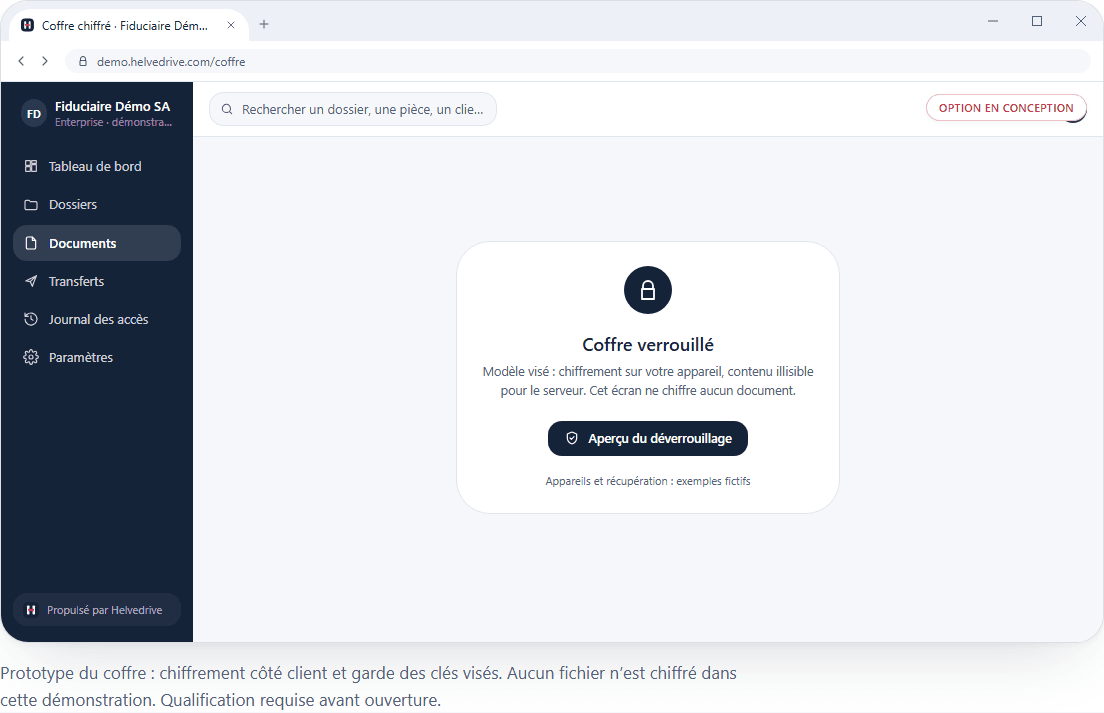 Capture du prototype de coffre : interface Vault et indication de fonction en conception