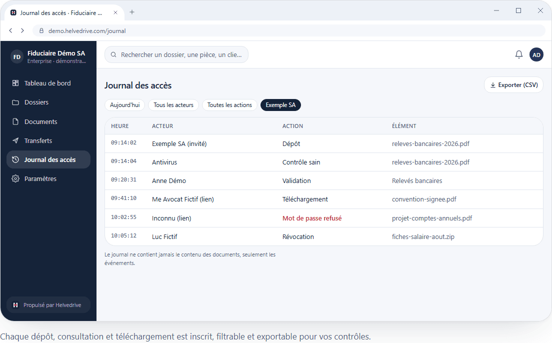 Capture de la démonstration : journal des événements, utilisateurs et horodatages